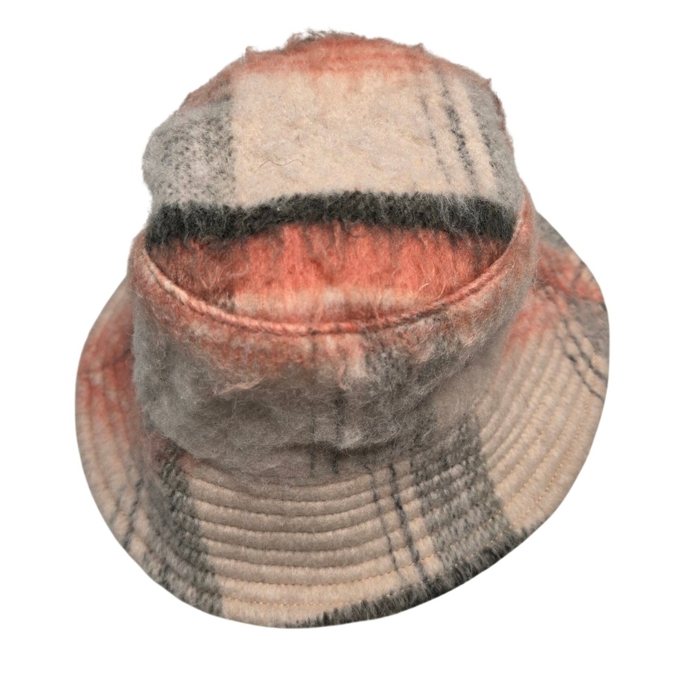 Forever 21 Bucket Hat Women OS Orange Plaid Fuzzy Wool Blend Knit Streetwear